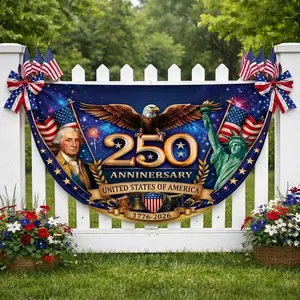 USA 250th Anniversary Polyester Semicircle Fence Banner, 1776–2026 Patriotic Bunting Flag, American Flag Half Round Banner, Fourth Of July Independence Day Outdoor Decor, USA 250 Years Porch Fence Party Banner