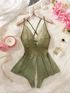 Women's Sexy Lace Patchwork Sheer Open-Crotch Bodysuit Lingerie, Halloween Costume Design, Contrast Binding, Fitted All-Season Wear