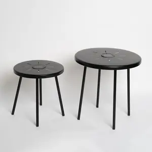 2-Pack Solar-Powered Nesting Round Side Table Set with LED Light, Indoor-Outdoor End Tables for Patio, Living Room