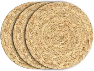 Boho Trivets for Hot Dishes, Pots and Pans, Farmhouse Water Hyacinth Hot Pads 8 Inch, Straw Pot Holders for Kitchen, Rustic Braided Heat Resistant Mat, Jute Coasters Set Wicker Decor (Natural 3 Pcs)