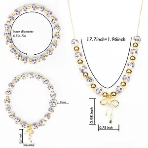 3PCS 8mm Purple Handmade Ceramic Flower Jewelry Set – Delicate Necklace & Bracelet for Women with 17.7-inch Chain & 0.98-inch Bow Charm