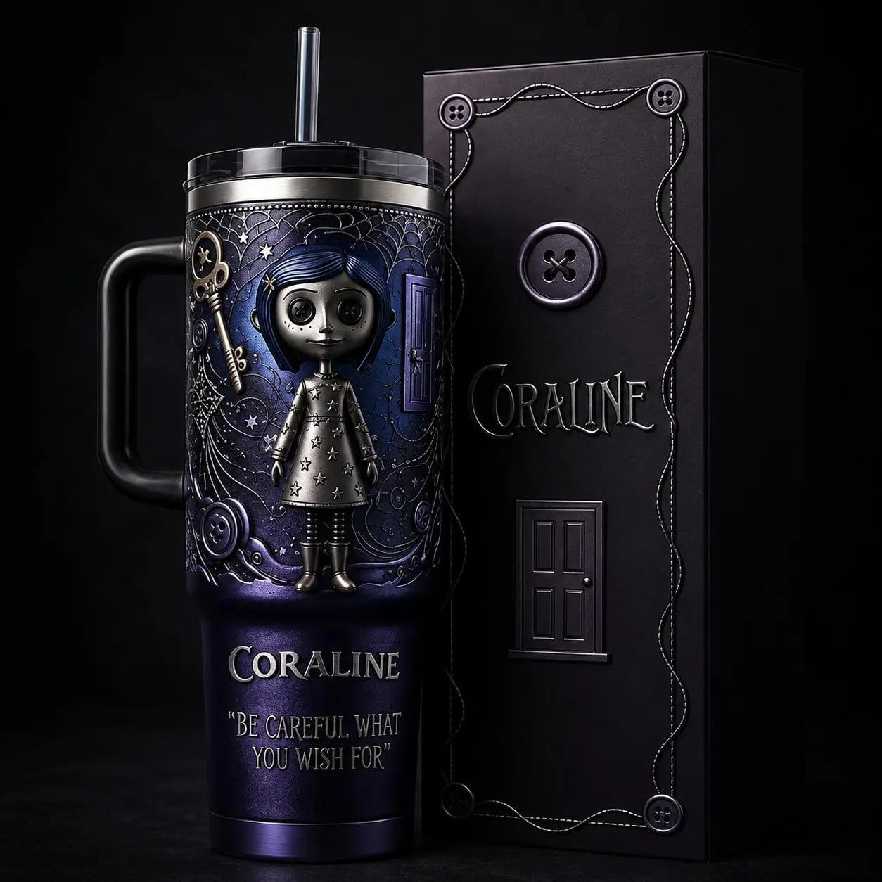 Coraline Movie Tumbler 40oz V3 Premium Stainless Steel Tumbler With Handle, Button Eyes Cup, Dark Fantasy Aesthetic Mug, Spooky Cute Gothic Cartoon
