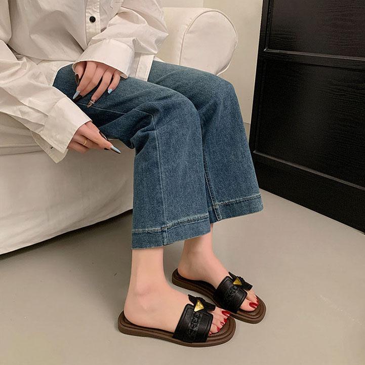 Women's Elegant Gold Triangle Accent Open Toe Mules - Comfortable Flat Sandals for Commuting & Summer Outings