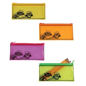 8" x 4" Transparent Bright Owl Zippered Vinyl Pencil Cases - 12 Pc.
