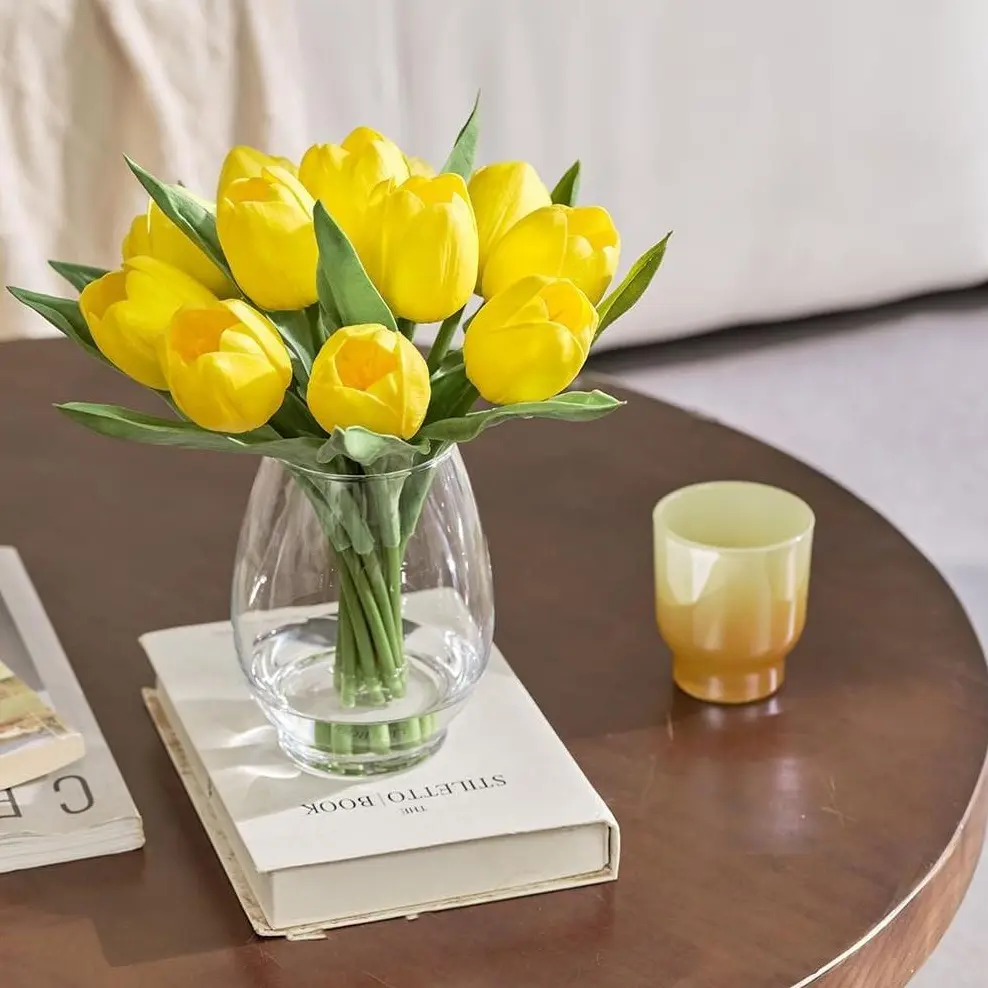 WELL KNOWN 12 Pcs Fake PU Tulips Artificial Flowers in Vase with Faux Water, Spring Summer Yellow Flower Arrangement with Glass Vase for Home Wedding Party Decor Dining Table Centerpiece & Gift