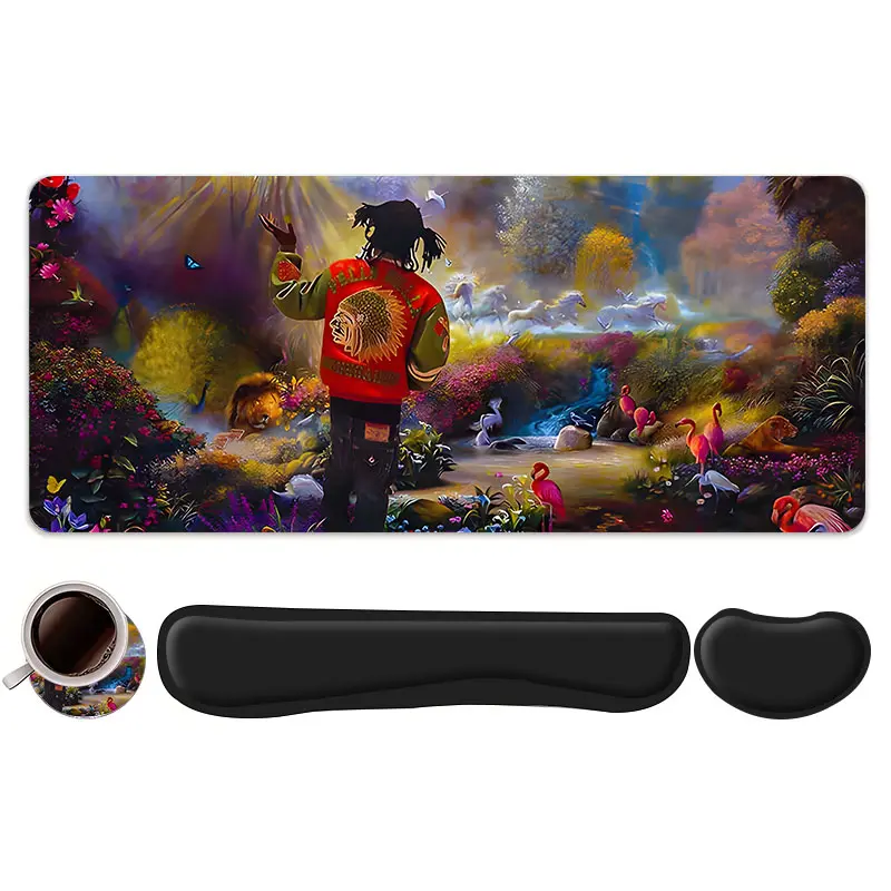 4pcs Dreamy Scene Rapper Design Mouse Pad +Keyboard Wrist Rest + Ergonomic Mouse Pad + Coaster Set For Desktop Decoration, Office Accessories Set Ergonomic Wrist Support, Computer Mat Mouse Pad Coaster Suitable For Home Office Gaming