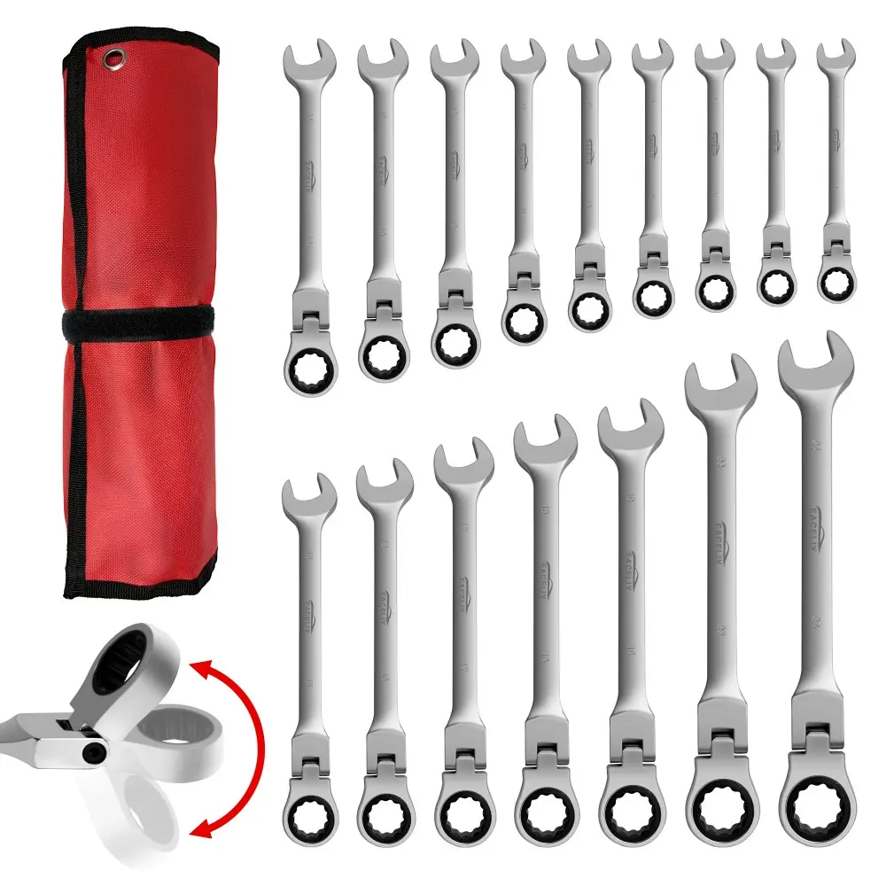 16PCS Flex-Head Ratcheting Wrench Set - Metric 6-24mm Chrome Vanadium Steel 72-Tooth Swivel Head Flexible Combination Wrench, Work Tools with Rolling Pouch
