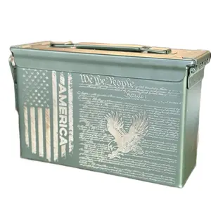 Personalized Metal Ammo Crate - Green with American Flag Design, Features "We Are People" and "In God We Trust" Text, Ideal for Collectors