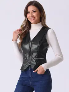 INSPIRE CHIC Women's Faux Leather Waistcoat V Neck Sleeveless Zipper Motorcycle Biker Vintage Vest Jacket