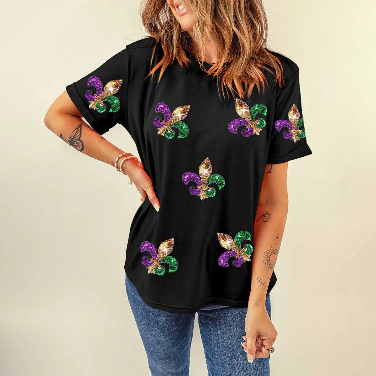 Women's Short-Sleeve Geometric Black Mardi Gras Pattern Patch Crewneck T-Shirt, Casual Streetwear Top, Soft Breathable Loose Fit for Daily Holiday Wear, Gift for Aunt, Tops
