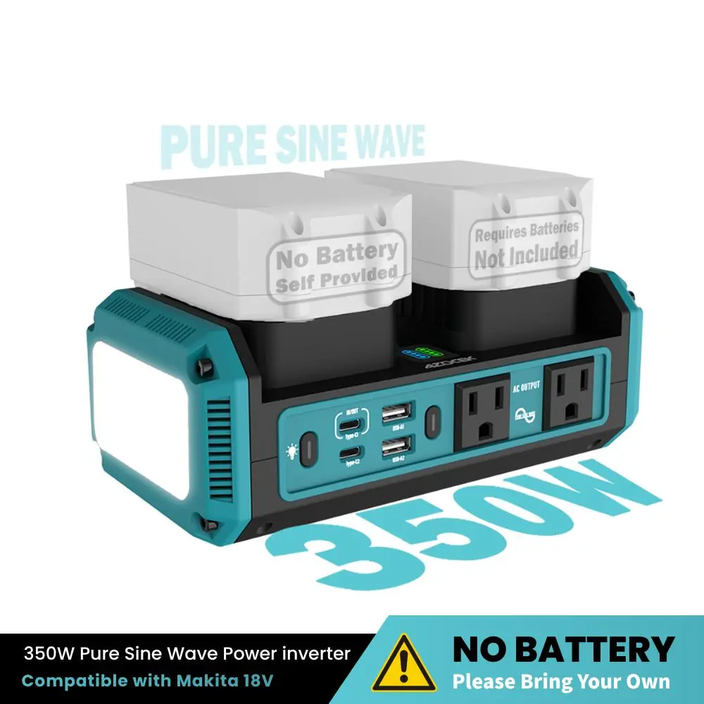 AZOCEK 350W Portable Generator for Makita 18V Battery, Pure Sine Wave 110V AC Inverter with Dual Slot, 140W PD 3.1 Laptop Fast Charger & 7A Battery Recharging Function, 600LM LED (Battery Not Included)