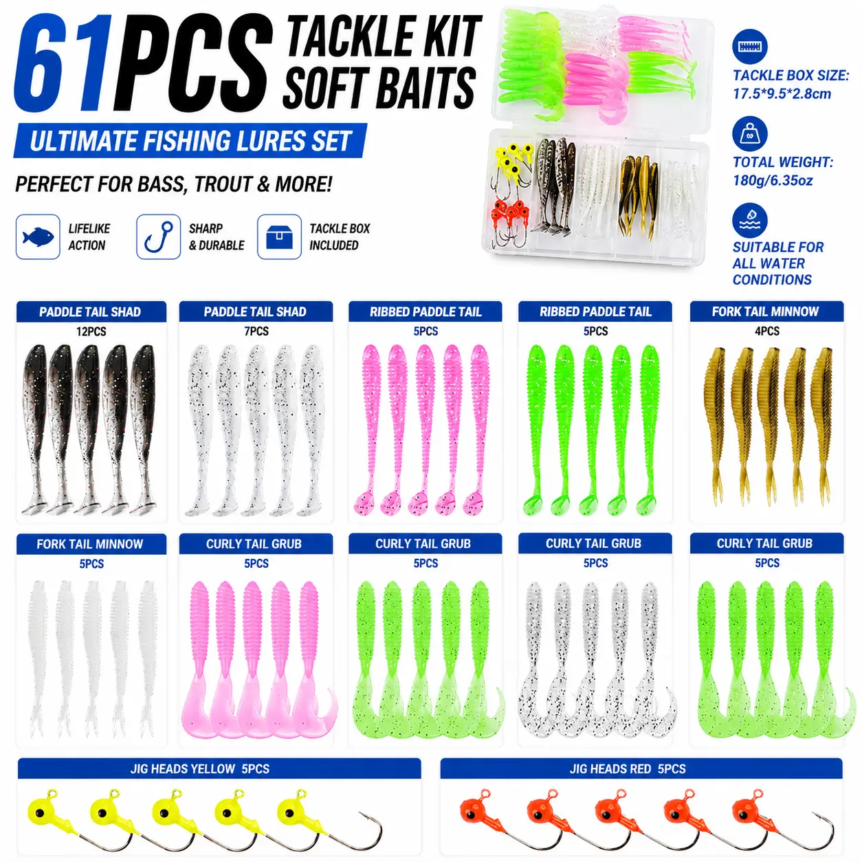 61PCS Soft Plastic Fishing Lure Kit, Jig Heads, T-Tail Shads, Curly Tail Grubs & Worms with Tackle Box for Bass, Trout, Walleye & Freshwater Fishing