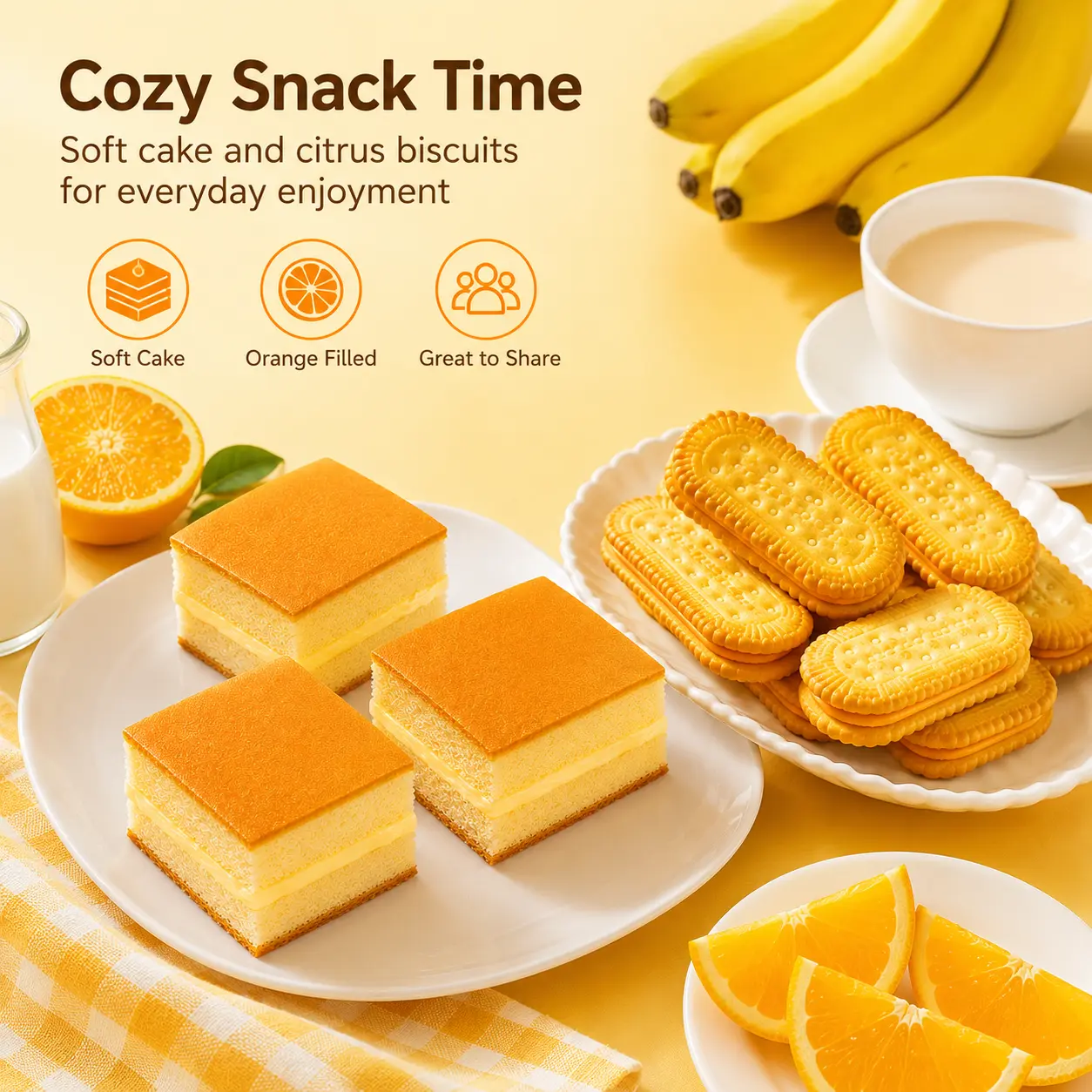 Banana Milk Cake & Orange Cream Sandwich Cookies Variety Gift Set - Soft Moist Banana Loaf, Zesty Crunchy Biscuits, Individually Wrapped Snack Combo for Lunch Box, On-the-Go