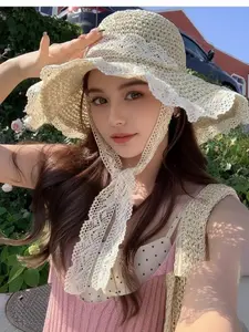 Bohemian Style Lace Trim Hollow-Out Hat, Bow Tie Sun Hat, Comfortable Soft Breathable, Large Brim UV Protection, Daily Wear, Beach, Vacation, Party