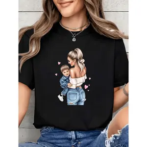 Mother S Day Special Limited Edition Denim Style TShirt for Women Featuring Mother Daughter Print Perfect Spring Summer Casual Short Sleeve Crew Neck Machine Washable Gift