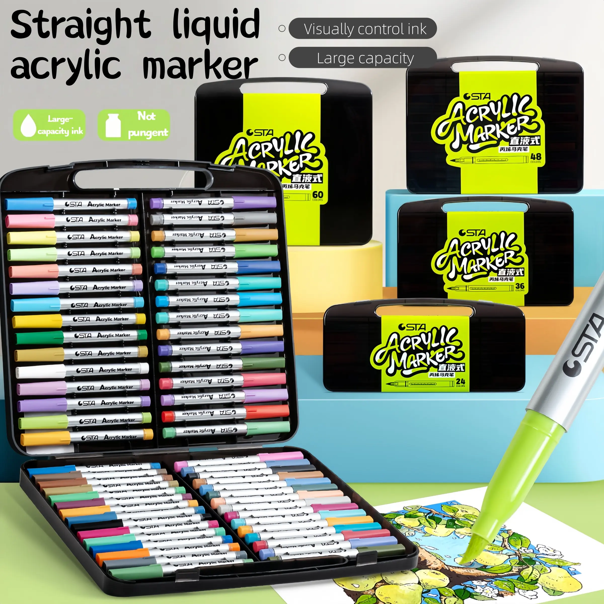 High-Quality Large Capacity Acrylic Markers, 24/36/48/60 Colors, Stackable, Non-Bleeding Ink, Water-Based Paint Pens for Artists, Artist Supplies
