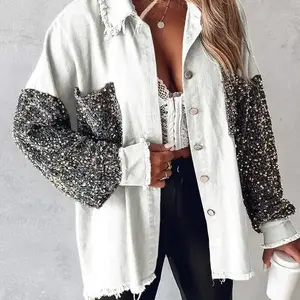 Women’s casual jacket with sequin patch, long sleeves, button-front closure, linen front panel, oversized denim jacket GARMENTARY