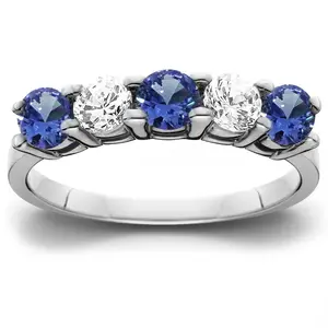 1 cttw Blue Sapphire & Diamond 5-Stone Wedding Anniversary Ring 14k White Gold