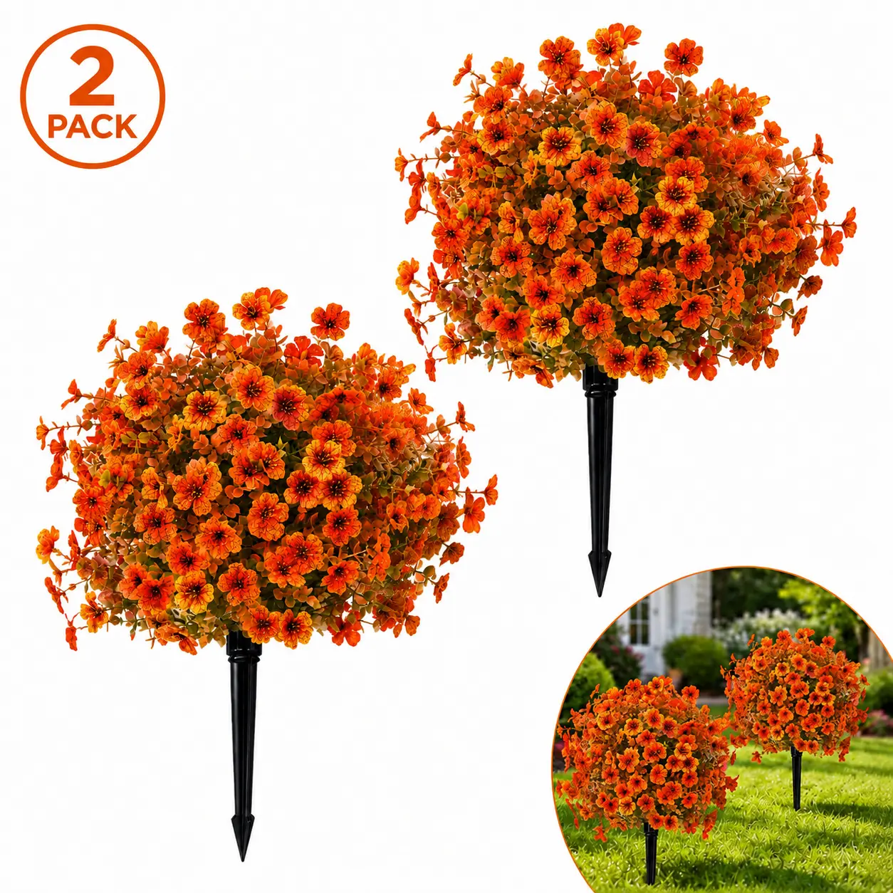 2 Pack Artificial Fall Topiary Balls with Ground Stakes, UV Resistant Outdoor Autumn Decor for Porch & Garden
