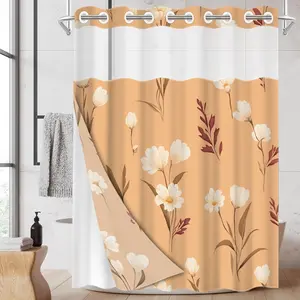 1pc hookless shower curtain with buckle lining, spring pink and white floral and leaf design, 2D flat printing, fabric waterproof lining, see-through double-layer shower curtain, 71 x 74 inches, modern home draping curtain, Flower, Shower Curtain Liner