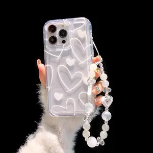 Heart Pattern Clear Phone Case with Beaded Wrist Strap, 1 Count Anti-fall Phone Protective Cover, Phone Accessory for iPhone 11 12 13 14 15 16 Pro Max, Protector, Shockproof Phone Cover