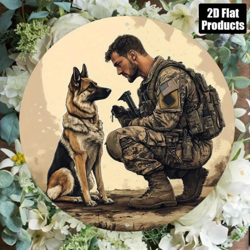 1PC 2D Flat Soldier and Dog Aluminum Plaque Military Veteran Gift Camouflage Design 8x8 Inches Metal Wall Art for Home Office Army Decor