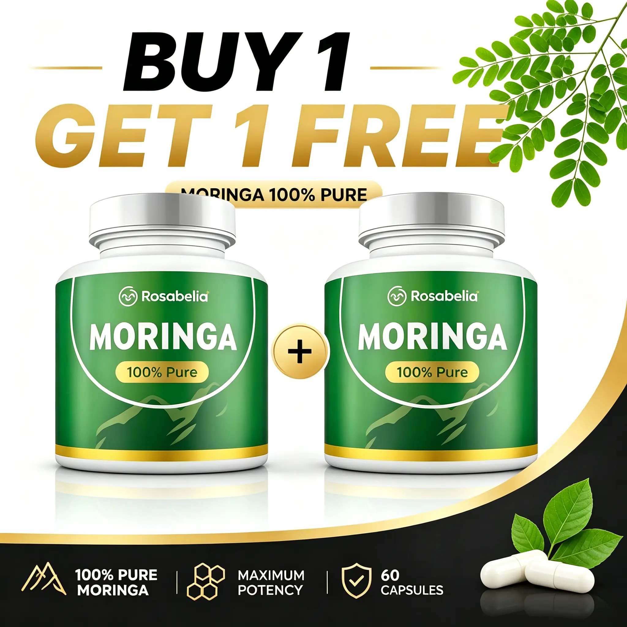 Rosabella Organic Moringa 800 mg Capsules HerbalImmune & Digestive Wellness Support I NaturalVitamin BoostI Daily Supplement
