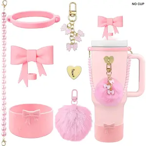 7pcs Silicone Bow Tumbler Cup Accessories Set, 30/40oz Water Bottle Mug Decorations, Playful Design Travel Drinkware, Perfect Gift for Parties & Holidays