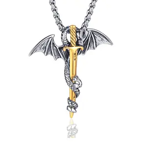 Punk Animal Sword Dragon Pendant Titanium Steel Sword Wing Dragon Necklace for Men 24 Inches Stainless Steel Link Chain