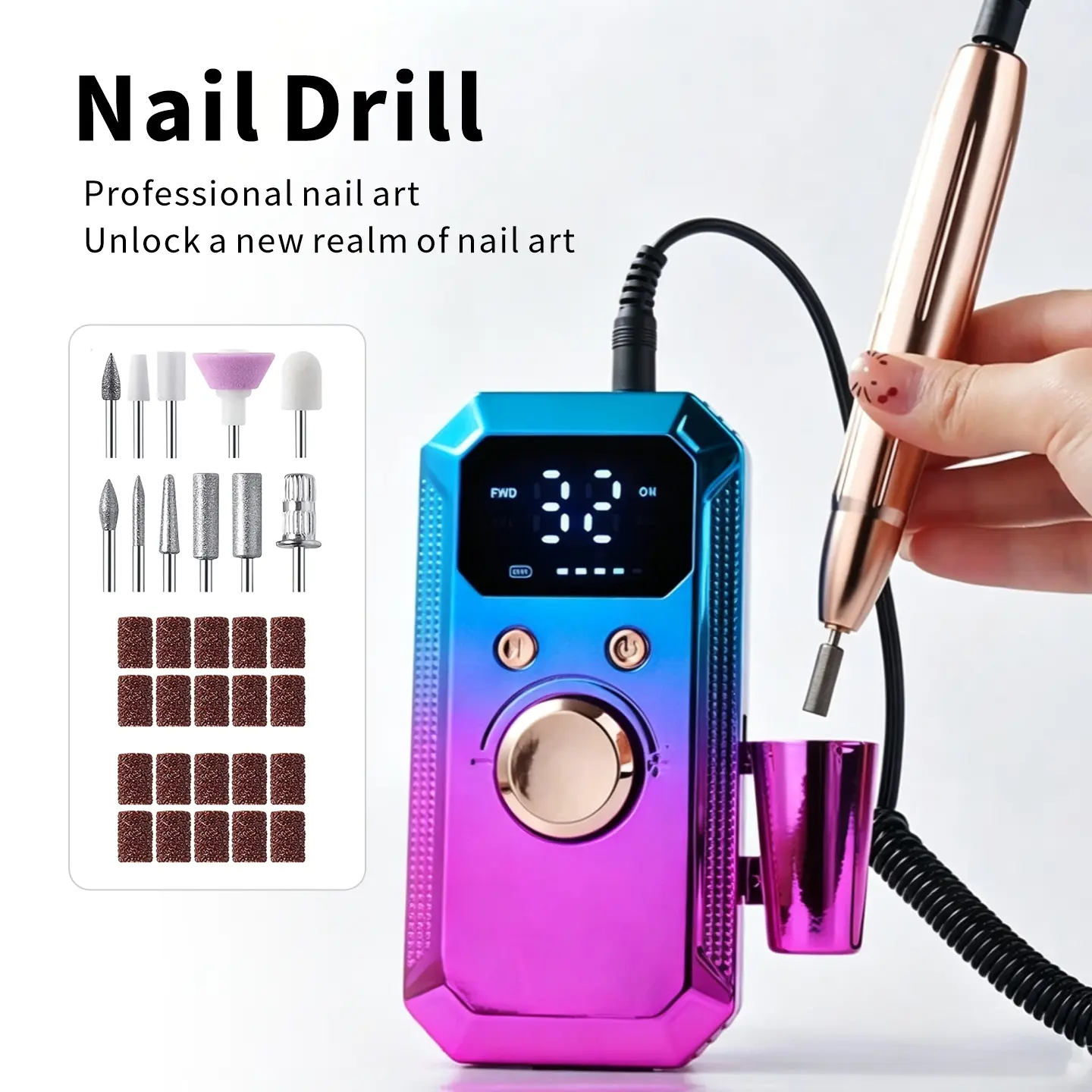 32000RPM Rechargeable Electric Nail Drill Machine, Portable LCD Display Nail File Kit Forward Reverse Rotation for Acrylic Gel Dip Powder Nails, Manicure Pedicure Tools for Salon Home Use, Perfect for Beginners