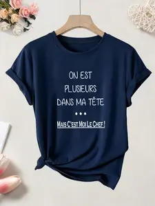 Women's Casual T-Shirt, French Slogan Print, Round Neck Short Sleeve, Polyester, Summer & Spring, Unique Fashion Top