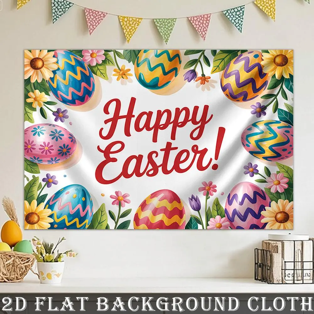 1PC 2D Flat Easter Egg Floral Backdrop Banner, Reusable Polyester Tapestry Ornaments with Flowers, Home & Birthday Festival Party Decor, Photo Background Wall Hanging