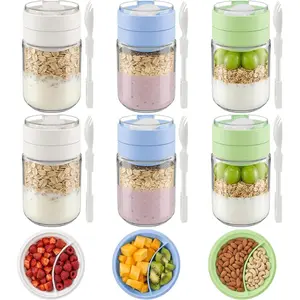 2026New6 Pack 16 oz Overnight Oats Containers with Lids, Folding Spoons and Divided Compartments, Airtight Leakproof, Glass Jars for Overnight Oats, Yogurt, Fruit, Chia Pudding, Meal Prep
