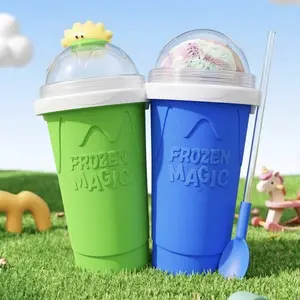 Double-Layer Reusable Slushie Tumbler - Quick-Freeze Kitchen Utensil, Detachable Cover & Straw, Washable Drink Beverage Maker for Homemade Milkshakes, Ice Cream, Birthday Gift for Family (Blue or Green) Bottle Pour Portable Drinkware Colorful Bottle