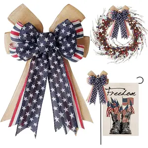 Patriotic Decor Bows for Wreaths Burlap Red White Blue Stripe Stars Tree Topper Bow for 4th of July Independence Day Memorial Day Veteran's Day Front Door Indoor Outdoor Decorations