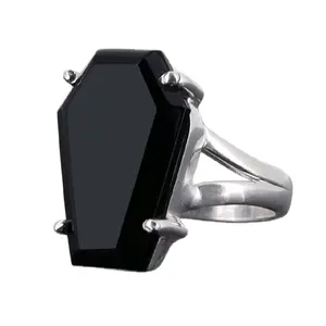 Black Onyx Coffin Ring, Sterling Silver Plated Band, Sizes 6-10, Natural Stone, Goth/Alt/Witchy Aesthetic