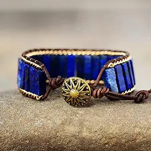 Natural Lapis Lazuli Tube Beads Dark Blue Gemstone Leather Braided Handmade Healing Energy Crystal Vintage Unisex Bracelet
