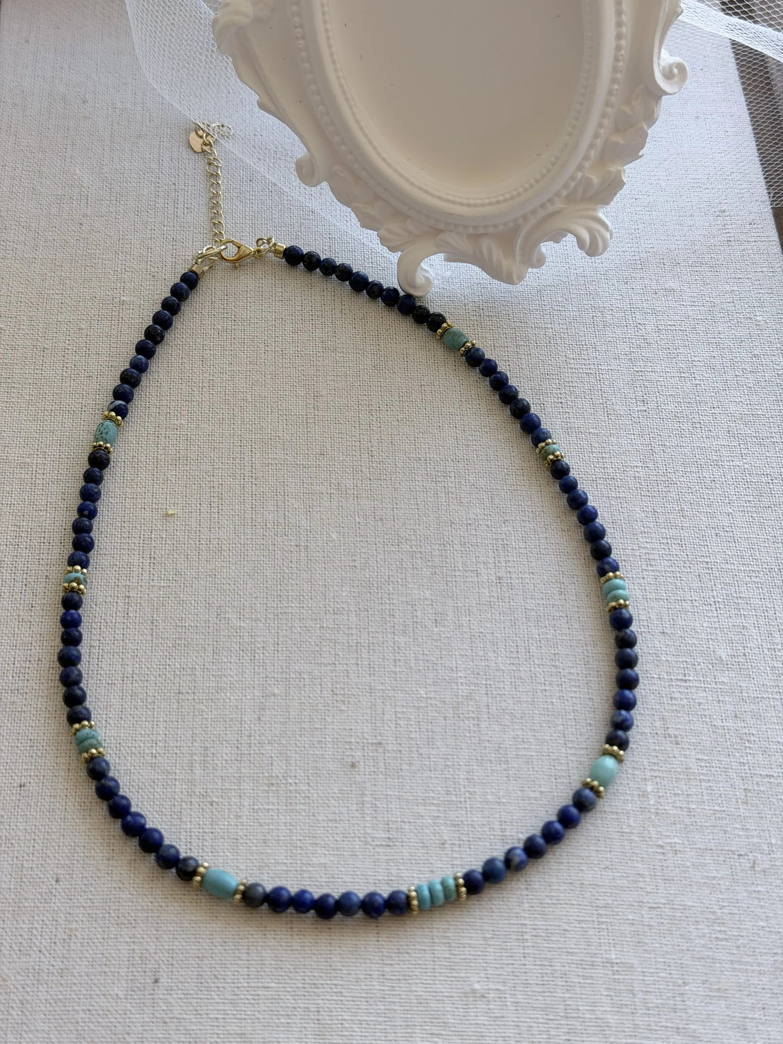 Handmade 3A Afghan Lapis Lazuli Choker, Natural Turquoise Rice Bead Necklace, Vintage Gold Twist Spacer Jewelry, Muxi Jewelry