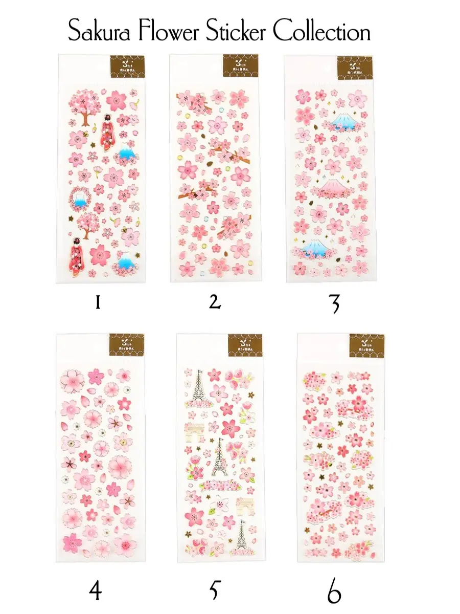 Sakura Flower Embossed Borderless Waterproof Jelly Sticker Collection with Gold Outlines - 6 Designs to Choose From