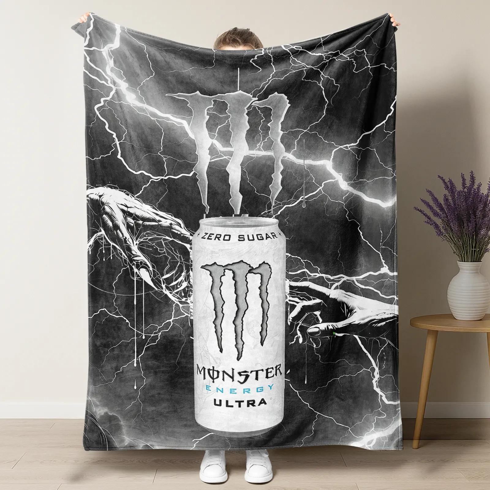 # 88  Monster Energy Ultra Throw Blanket,Black & White Lightning & Zombie Hands Print