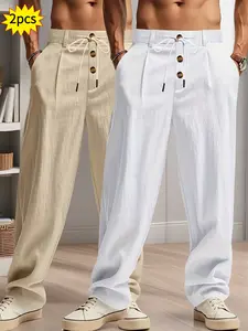 2 pieces men's plain-colored linen casual straight-leg pants, Casual Comfy Fashion, for spring, summer and autumn, with drawstring and faux buttons design, lightweight breathable, suitable for daily commuting, outdoor travel, fitness