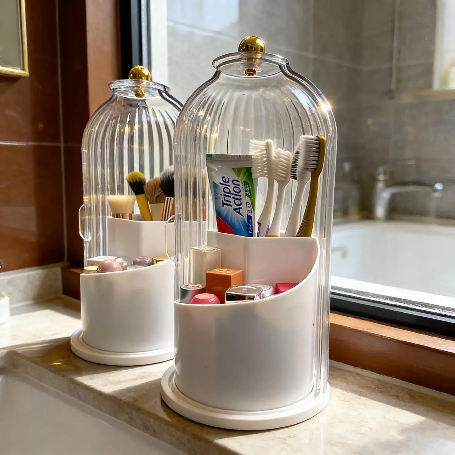Elegant ToothBrush Holder with Transparent Door Lid 360 Rotating Clear Organizer for Vanity Bathroom Desktop Countertop Storage 1 Count summerwins