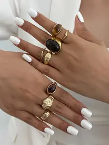 Bohemian Geometric Gemstone Adjustable Rings Set, Fashionable Open Design Jewelry Gift for Women & Couples, Perfect for Parties & Weddings