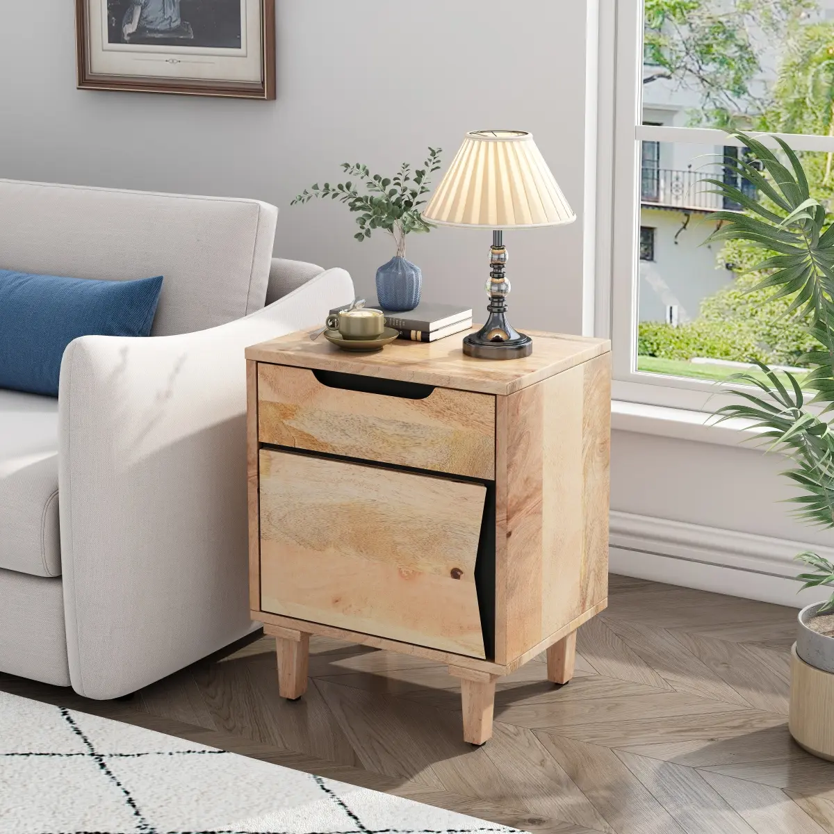 Casual Minimalist Contemporary Solid Mango Wood Nightstand - 18x12x24in, Natural Finish, 1 Drawer Square Cabinet, Magnetic Door Stopper, 50lbs Capacity, Cut-Out Handle, Drawer Glides, Assembly Required, Narrow Bedroom Space-Saving Bedside Table