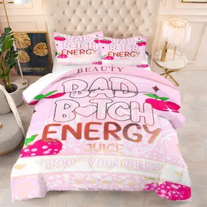 2/3Pcs Bad Bitch Energy Comforter Set, Y2K Coquette Funny Slogan Fruit Print Quilt Bedding Set with Pillowcases, Girly Aesthetic Bedding for Teen Girls Women Bedroom, Cute Trendy Home Decor Gift