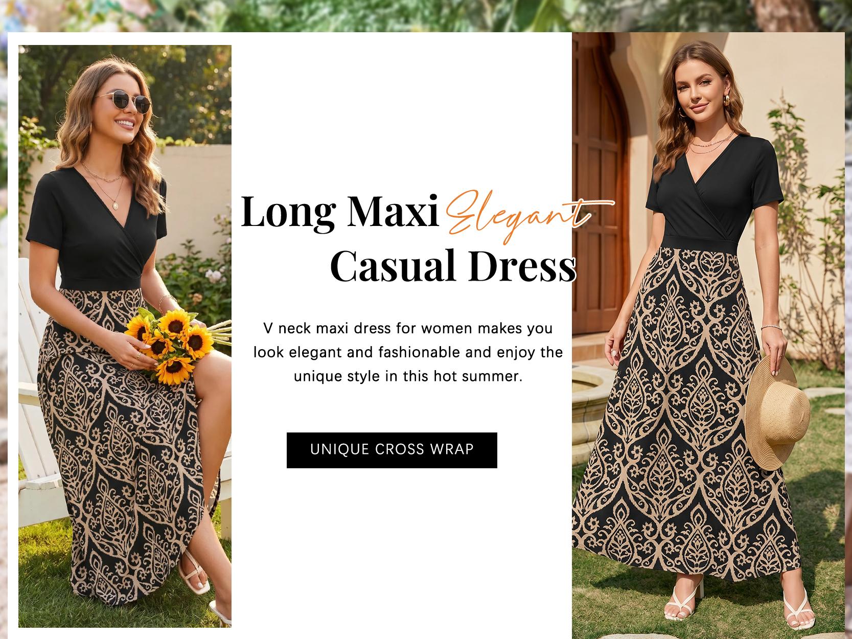 AUSELILY Maxi Dresses for Women V neck Ankle Length Floral Print Beach Long Flowy Dress with Pockets