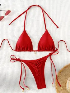 Red String Bikini Set Halter Tie Side Triangle Swimsuit with Shell Charms