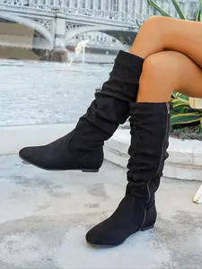 New Women's Ruched Boots, European Style Solid Color Long Boots, Vintage Crinkle Pointed Toe, Outdoor Casual Fashion Boots, Winter Warm Boots