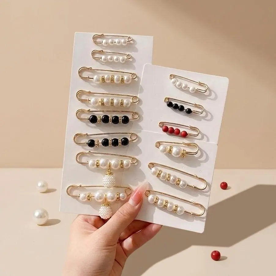14Pcs Faux Pearl Safety Pins Multi Style Waist Cinch Brooches Clothing Fixed Clips For Pants Skirt Tighten Waist Anti Exposed Fashion Jewelry Accessories