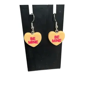Orange Heart Candy Earrings - Heart-Shaped Design with "BE MINE" Text, Featuring Orange Candies